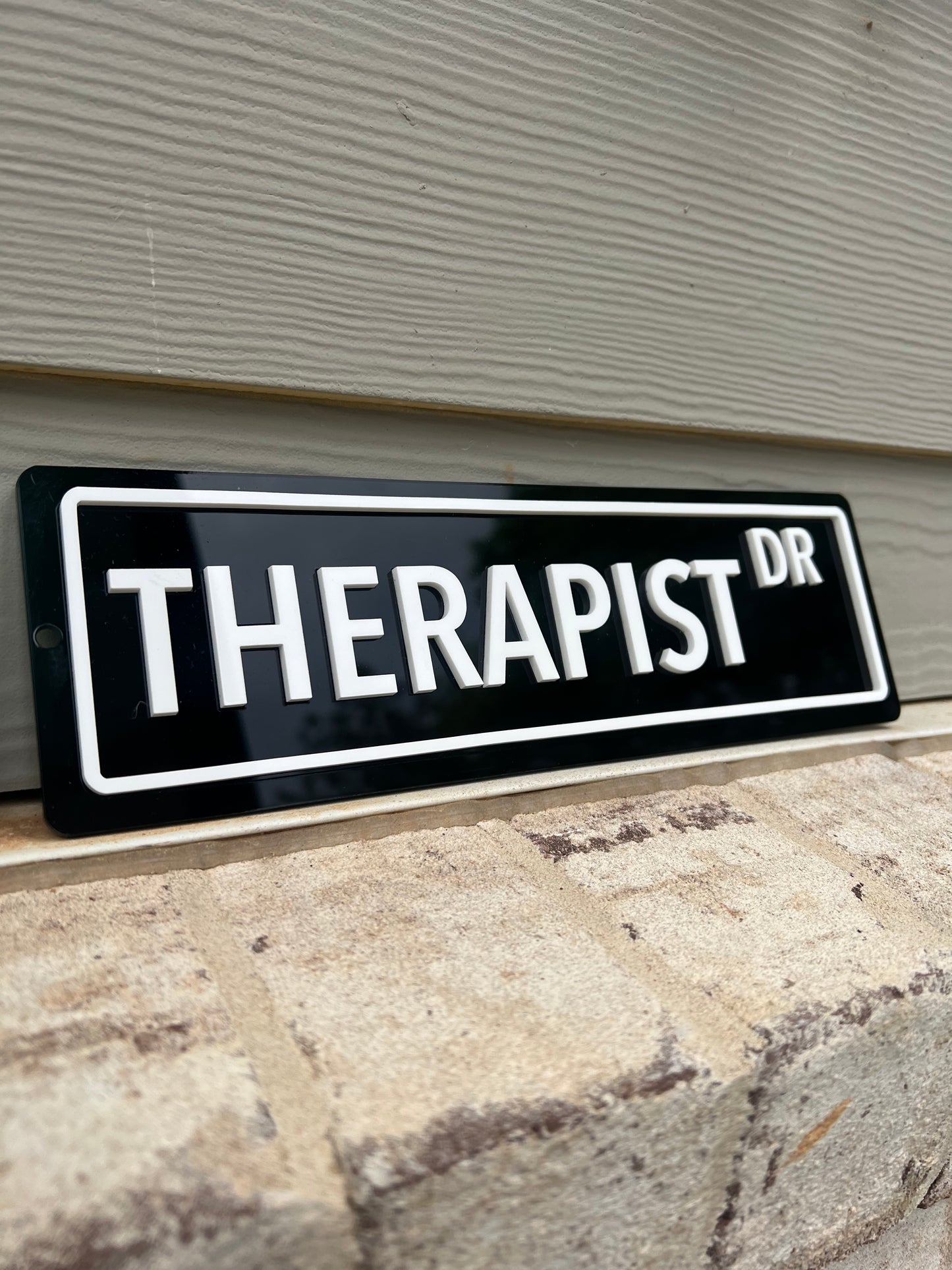 Custom therapist drive street sign. Personalize your office space with professional flair. Available for purchase now!